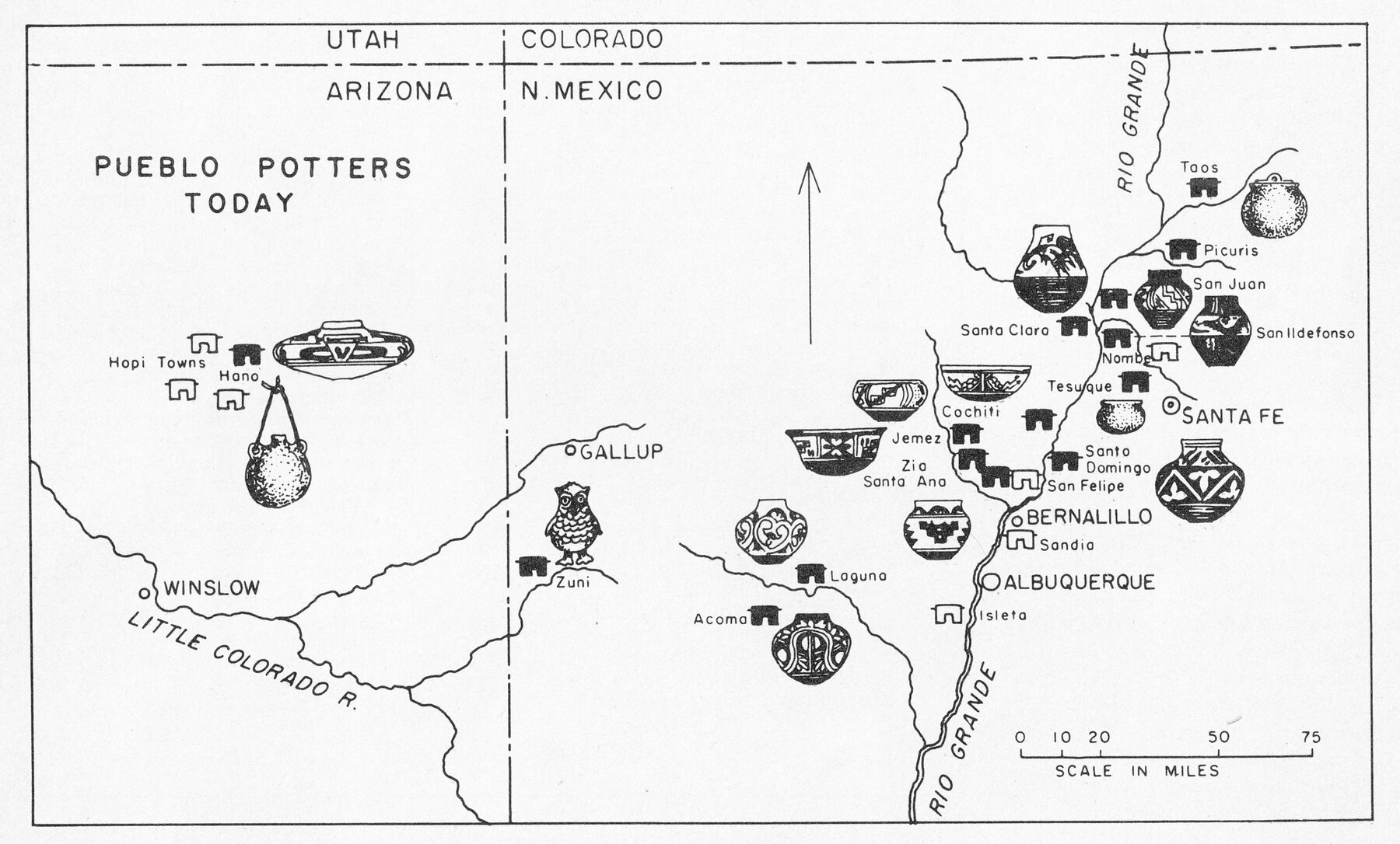 Hand-drawn map of the Pueblos in the Southwest U.S., circa 1974, shows pottery styles from different communities in New Mexico and Arizona, with illustrated examples marking each location along rivers and major towns. Map includes labels for each Pueblo.