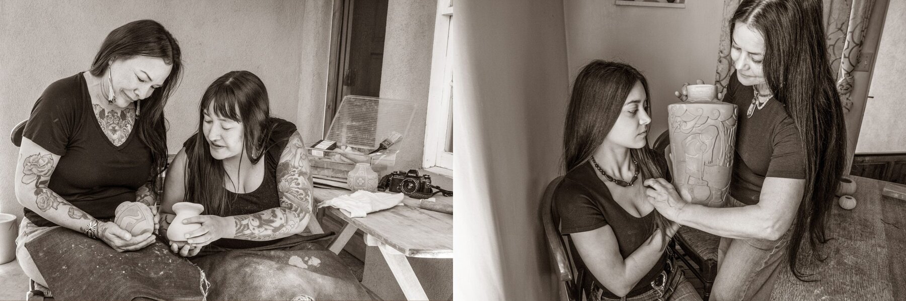 Two black-and-white photos side by side: In the left frame, two women with long, straight dark hair and heavy tattoos smile as they hold small pottery pieces they are working on together. In the right frame, a different woman stoops slightly, her long black hair falling down her back, as she hands a large, carved vase to a seated young woman, who is looking at it intently.