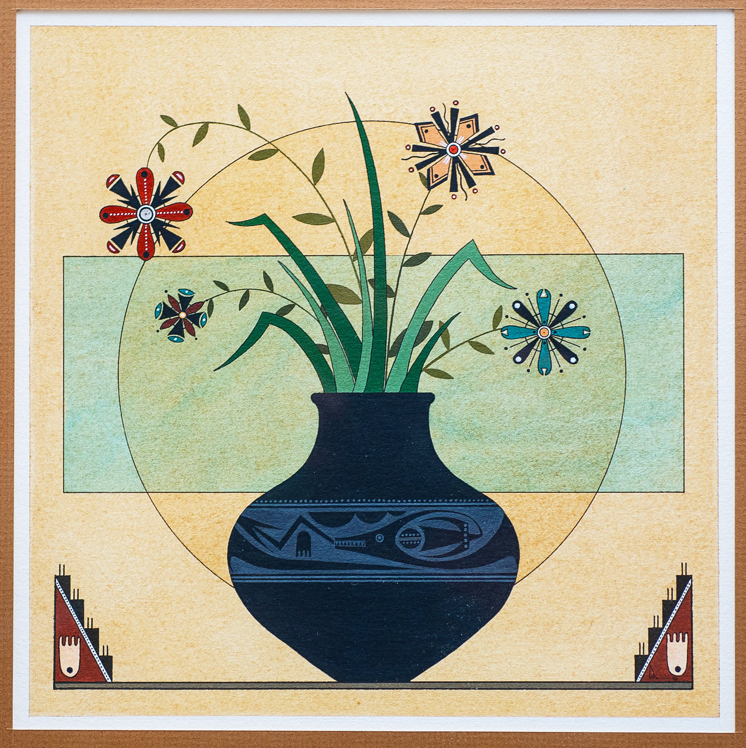 A stylized painting of a dark blue vase with green leaves and three geometric, colorful flowers, set against a beige background with a green rectangle and circular line. Southwestern patterns decorate the vase and corners.