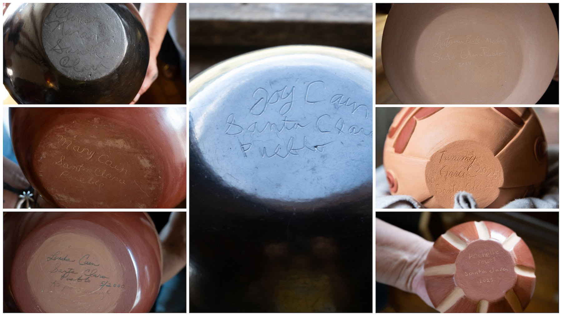 A collage of pottery bases, each inscribed with the respective artist's signature and the words "Santa Clara Pueblo." Some of the bases also include a date.